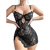 SOLY HUX Women's Lace Lingerie Set Sheer Underwire Split Mini Dress Babydoll Chemise Nightgown with Thong