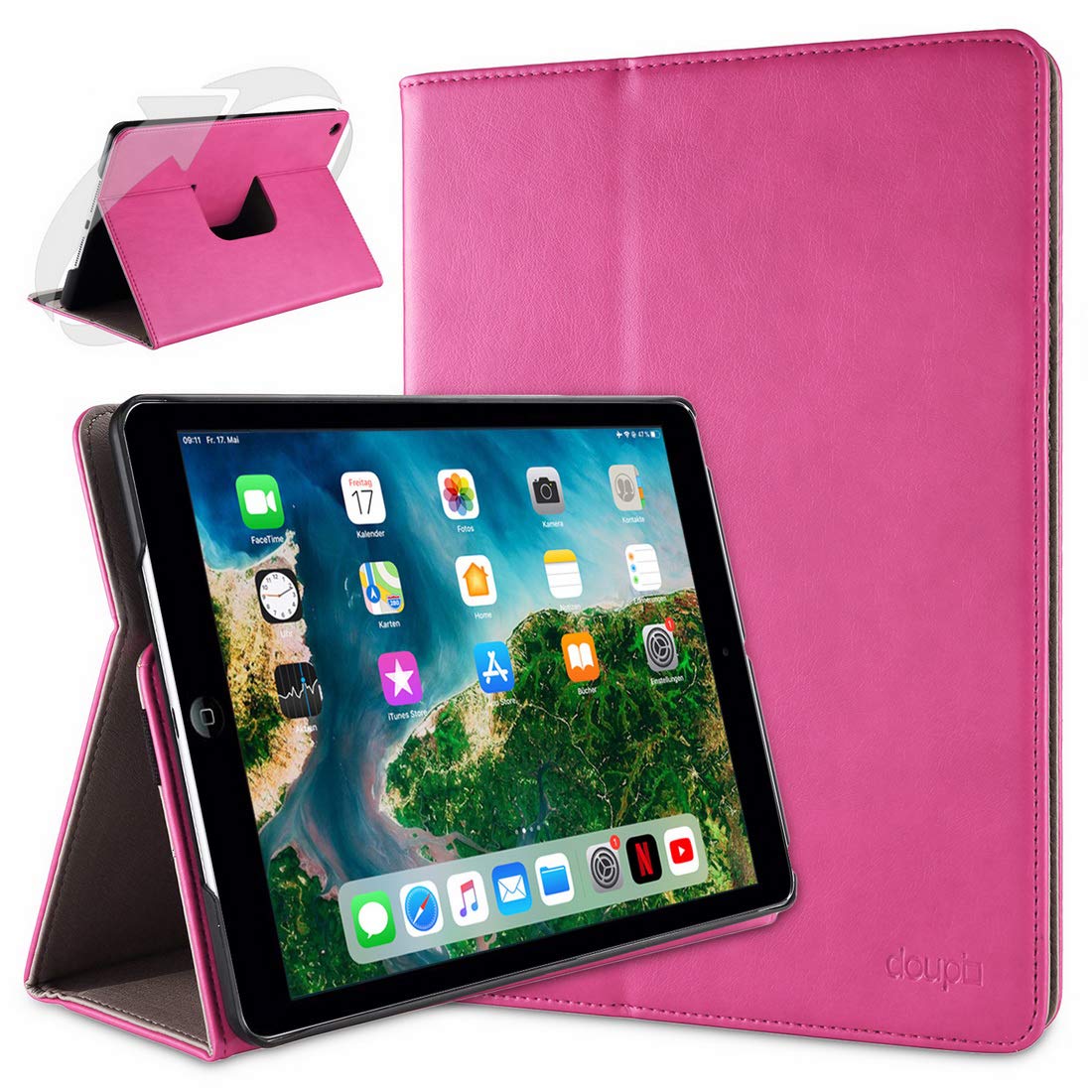 doupi Smart Flip Cover for iPad Air (1. Gen.), Deluxe Protective Case with Sleep/Wake Function 360 Degree Rotatable Stand Screen Protector, Pink — image 1