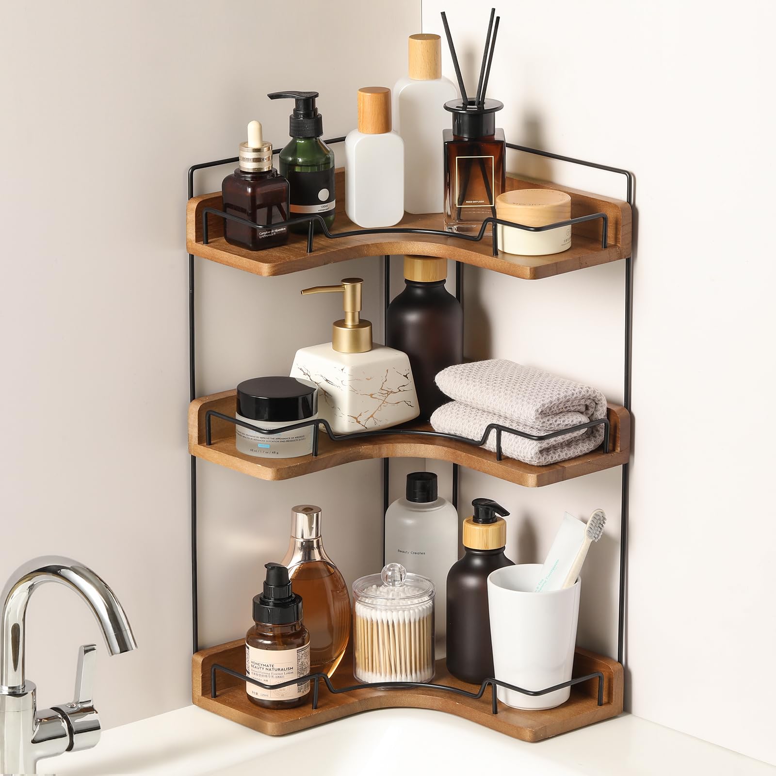 Photo 1 of **INCOMPLETE** Snuvid 3-Tier Bathroom Counter Organizer, Wooden Corner Shelf for Vanity Countertop Skincare & Makeup, Storage and Organization for Kitchen