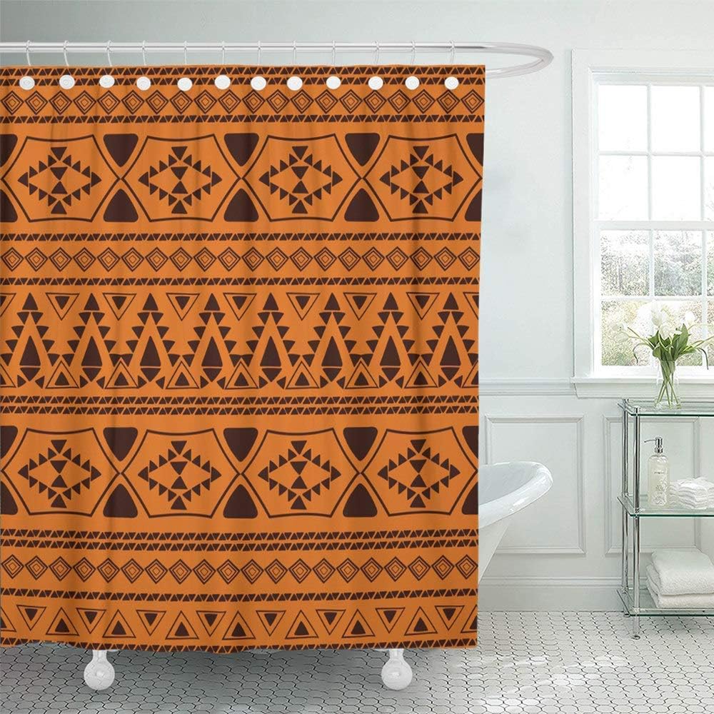 Shower Curtain Set Waterproof Adjustable Polyester Fabric Brown African Ethnic Pattern in Sunny Color Colorful Border 72 x 72 Inches Set with Hooks for Bathroom
