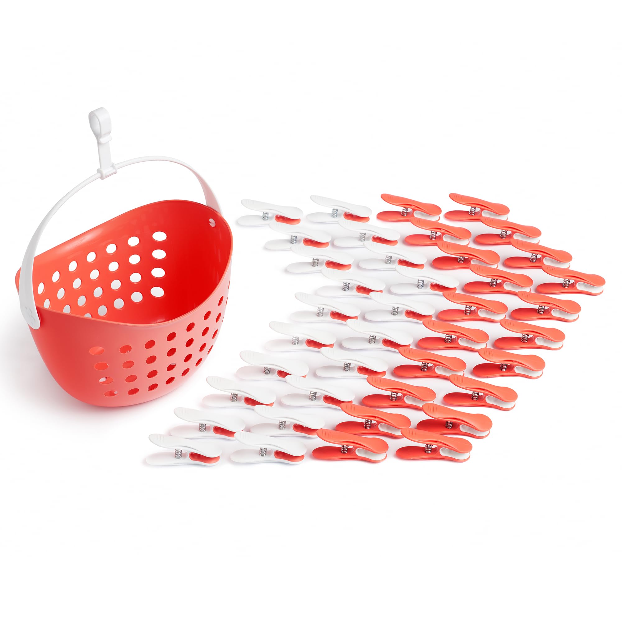 culiclean Clothes Pegs for Washing Line – Clothes Peg and Bag Set with Peg Basket for Washing Line – Washing Peg and Basket with Hanger – 40 Pegs, 1 Holder – coral-white/coral