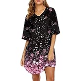 Ekouaer Womens Nightgown Cotton Sleepwear Short Sleeve Sleep Shirt V Neck Color Block Nightshirt