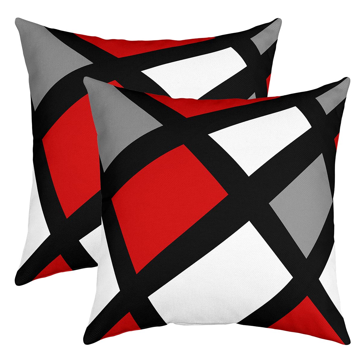 Loussiesd Set of 2 Throw Pillow Covers Geometric Strip Lines Cushion Case for Home Living Room Decor Reversible Modern Abstract Art Plaid Black White Grey Red Decorative Throw Cushion Case 16x16 Inch