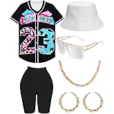 80s 90s Outfit for Women, Unisex Hip Hop Costume Baseball Jersey Shirt Yoga Pants Bucket Hat Gold Chain Rapper Accessories