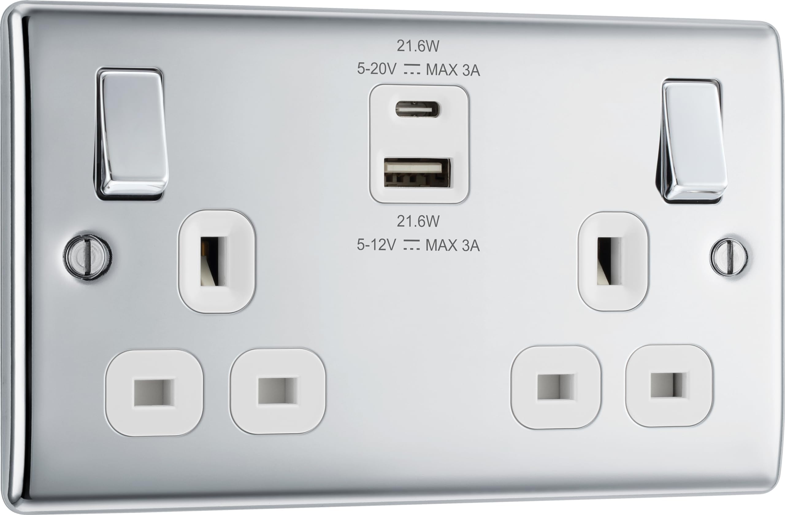BG Electrical 22W Double Switched Wall Plug Socket with Fast Charge Type A & C USB Charging Ports, Nexus Metal, Polished Chrome, Black Inserts, 13A, NPC22UAC22B