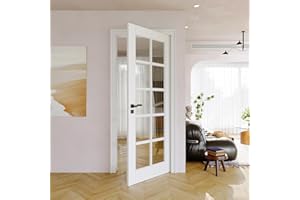 JUJUBON 32" x 80" Clear Glass Slab Door, 10-Lite Glass French Interior Door, Pre-Finished Paintable Single Panel for Living Room Pantry Laundry Closet as Prehung, Pocket, Bifold Barn Doors-Shaker w/o Hardware