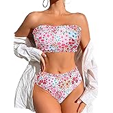 ZAFUL Women Strapless High Cut Bandeau Bikini Lace Up 2 Pieces Swimwear