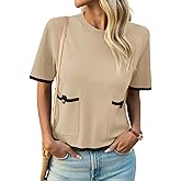 Saodimallsu Women's Short Sleeve Color Block Crew Neck Sweater
