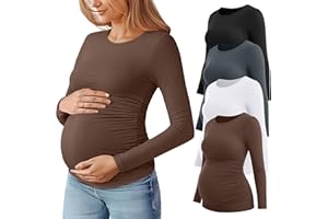 Huukeay 4 Pack Women's Maternity T Shirts, Long Sleeve Side Ruched Pregnancy Top Crew Neck Bodycon Shirts Casual Mama Clothes