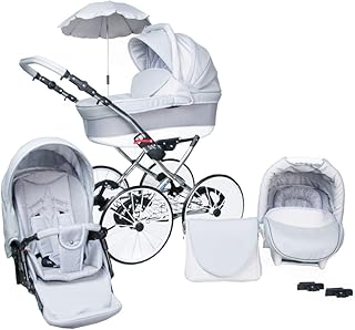 SKYLINE Klassisch Retro Stil LUX Kombi-Kinderwagen Buggy 3in1 Reise System Autositz (Isofix) (Grau/17"Hartgummi Bereifung)