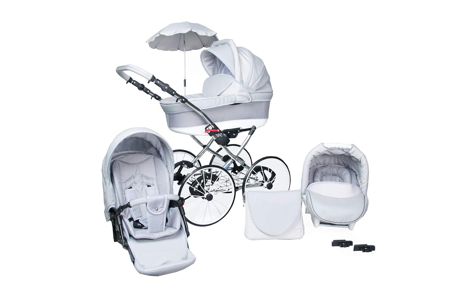 SKYLINE Klassisch Retro Stil LUX Kombi-Kinderwagen Buggy 3in1 Reise System Autositz (Isofix) (Grau/17"Hartgummi Bereifung)