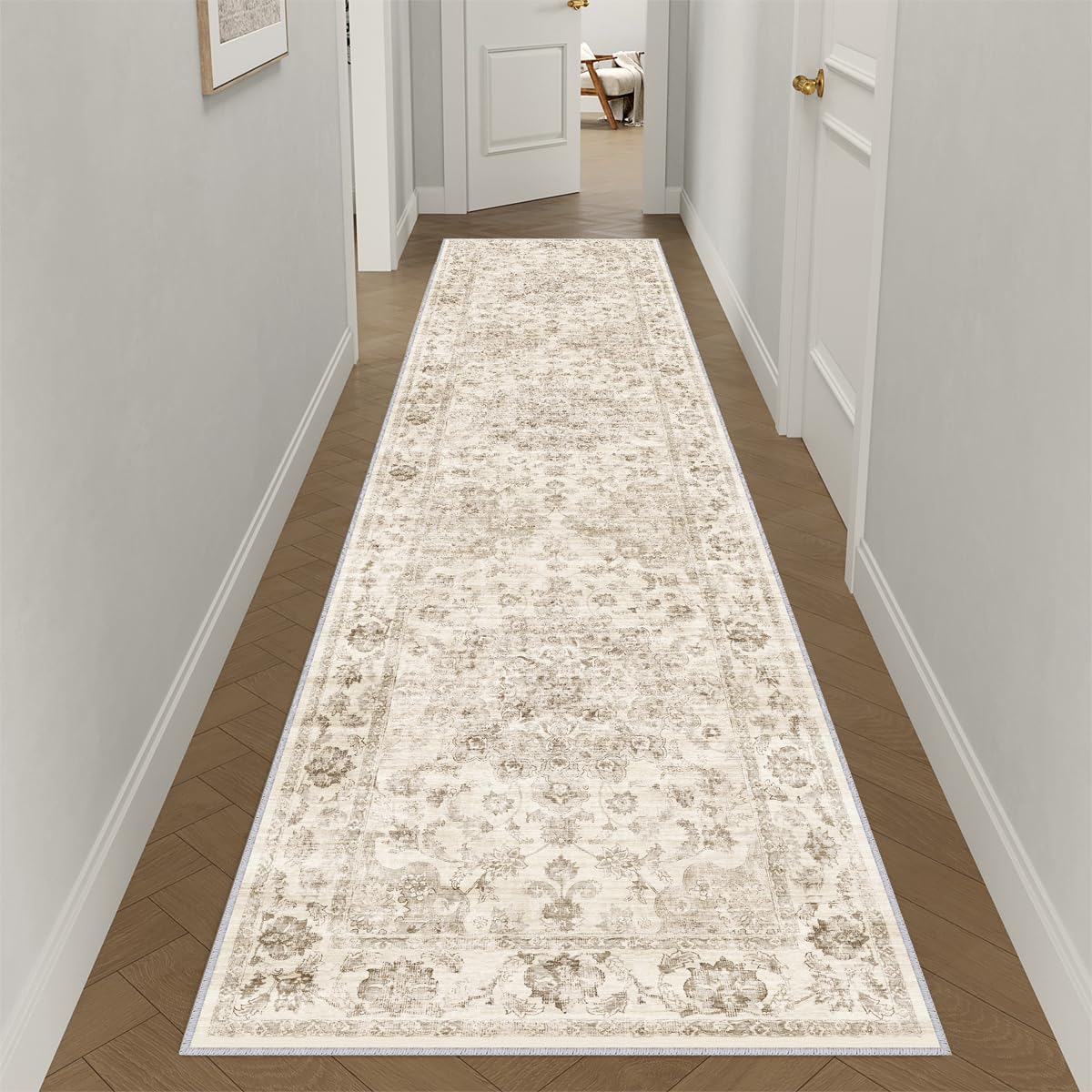 Photo 1 of WondRg 3x14 Washable Neutral Runner Rug Beige Vintage Hallway Kitchen Carpet Non-Slip Soft Low Pile Floral Throw Rug for Bedroom Bathroom Laundry Living Room