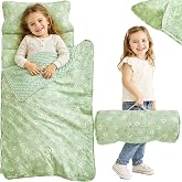 Floral Toddler Nap Mat with Zipper,Detachable Minky Blanket and Removable Pillow,Soft Slumber Bags for Girls,Kids Sleeping Bag for Daycare Preschool Kindergarten,Flower Toddler Sleeping Mat - Green