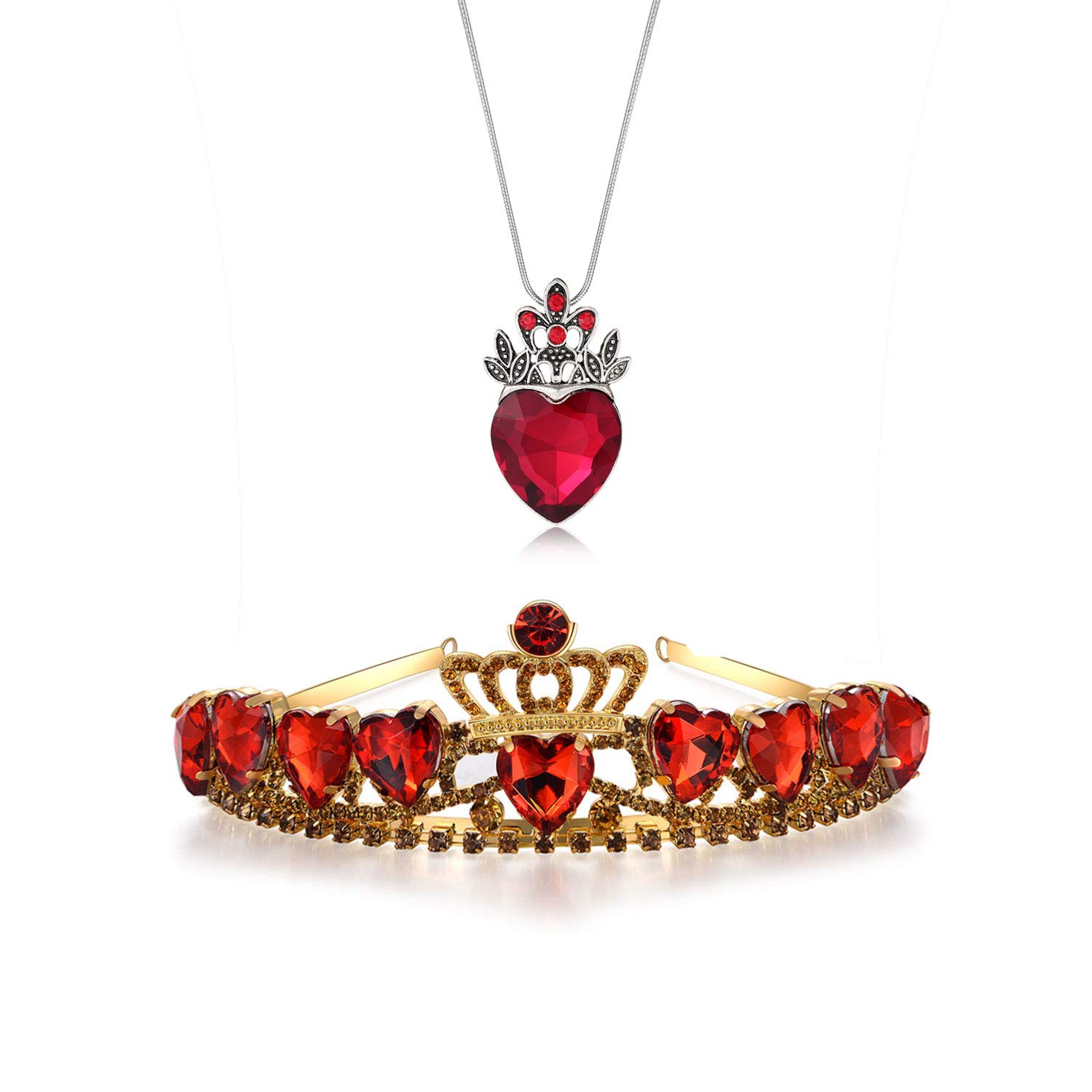 hengkaixuan Evie Red Heart Tiara and Necklace Descendants Red Heart Crown Jewellery Set Theme Tiara Halloween Princess Christmas Costume Teen Gift for Girls