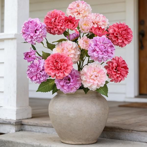INXUGAO ARTIFICIAL FLOWERS FOR VASE,6 BUNCHES FAKE 27.5“ LONG STEMS SILK POMPON DAHLIA FOR INDOOR OUTDOORS HOME DECOR, FRONT DOOR PORCHES YARD PATIO GARDEN PLANTERS – [2 PURPLE + 2 ROSE RED + 2 PINK]