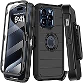 for iPhone 15 Pro Case with Belt Clip Holster,Built-in Screen Protector,Heavy Duty Shockproof Drop Protection Military Grade 3 Layers Rugged Phone Cover with Kickstand for Apple 15pro 6.1” (Black)