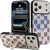 LEOMAKRON for iPhone 17 Pro Max Case with Finger Strap Kickstand,Compatible with MagSafe,Cute Checkered Checkerboard Pattern for Women Men,Full Camera Protection Aesthetic Shockproof TPU Design,White