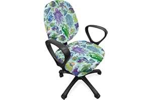 Ambesonne Underwater Office Chair Slipcover, Modern Sea Life Colorful Jellyfish Seahorse Exotic Aquarium, Protective Stretch Decorative Fabric Cover, Standard Size, Purple Turquoise