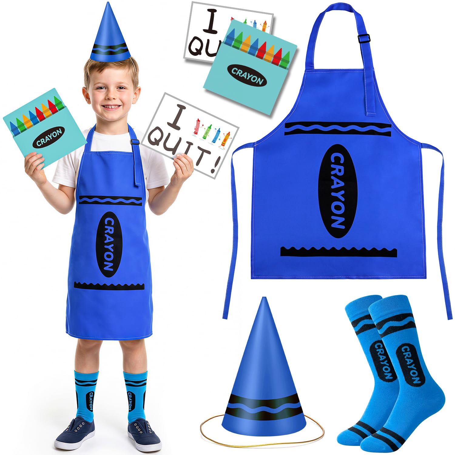 iZoeL Blue Crayon Costume Set Boys Girls World Book Day Costumes Kids 2026 – Apron, Hat – Crayon Character WBD Fancy Dress Ideas for Childrens School Book Characters WBD Outfit Book Week Dress-Up