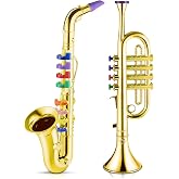 2 Pcs Toy Trumpet Saxophone Set for Kid, Plastic Musical Instrument Gift | Musical Toy for Kids Preschool Learning, Color Coded Keys, for Young Musicians Ages 3 and up Beginner Teaching Birthday Gift