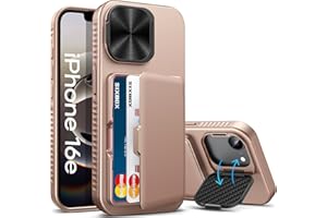 SIXBOX for iPhone 16e Case with Card Holder & Camera Lens Cover Stand, Military Grade Drop Protection Shockproof Rugged Stand Wallet Protective Phone Case for iPhone 16e 2025, Rose Gold