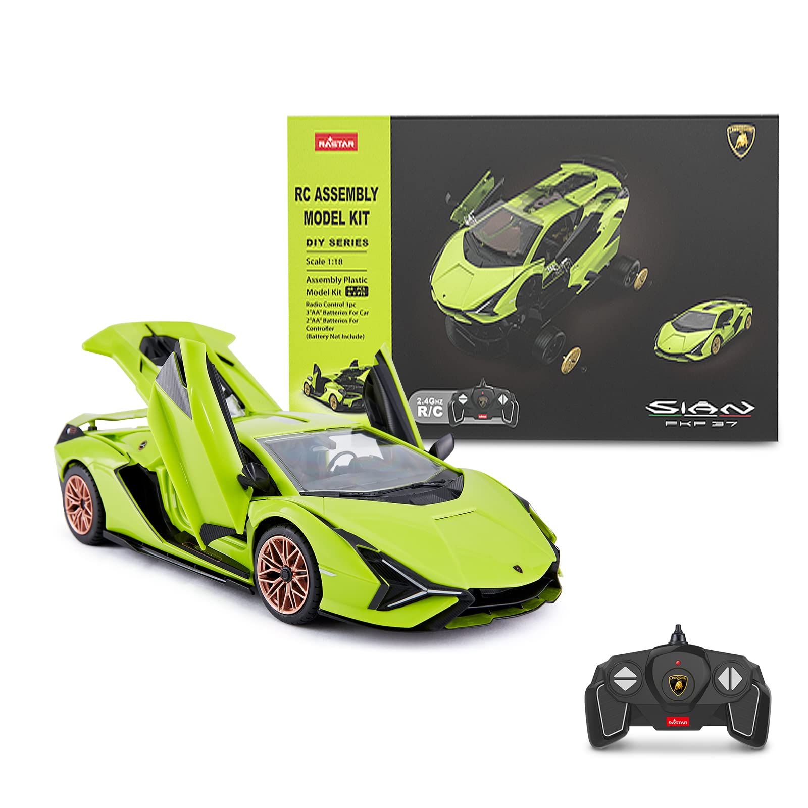 RASTAR RC Car Kits to Build, 1/18 Lamborghini Sian Supercar Assembly Building Kit with Remote Controller, 72PCs, STEM Kits for Kids and Adult, Ages 8+, Green