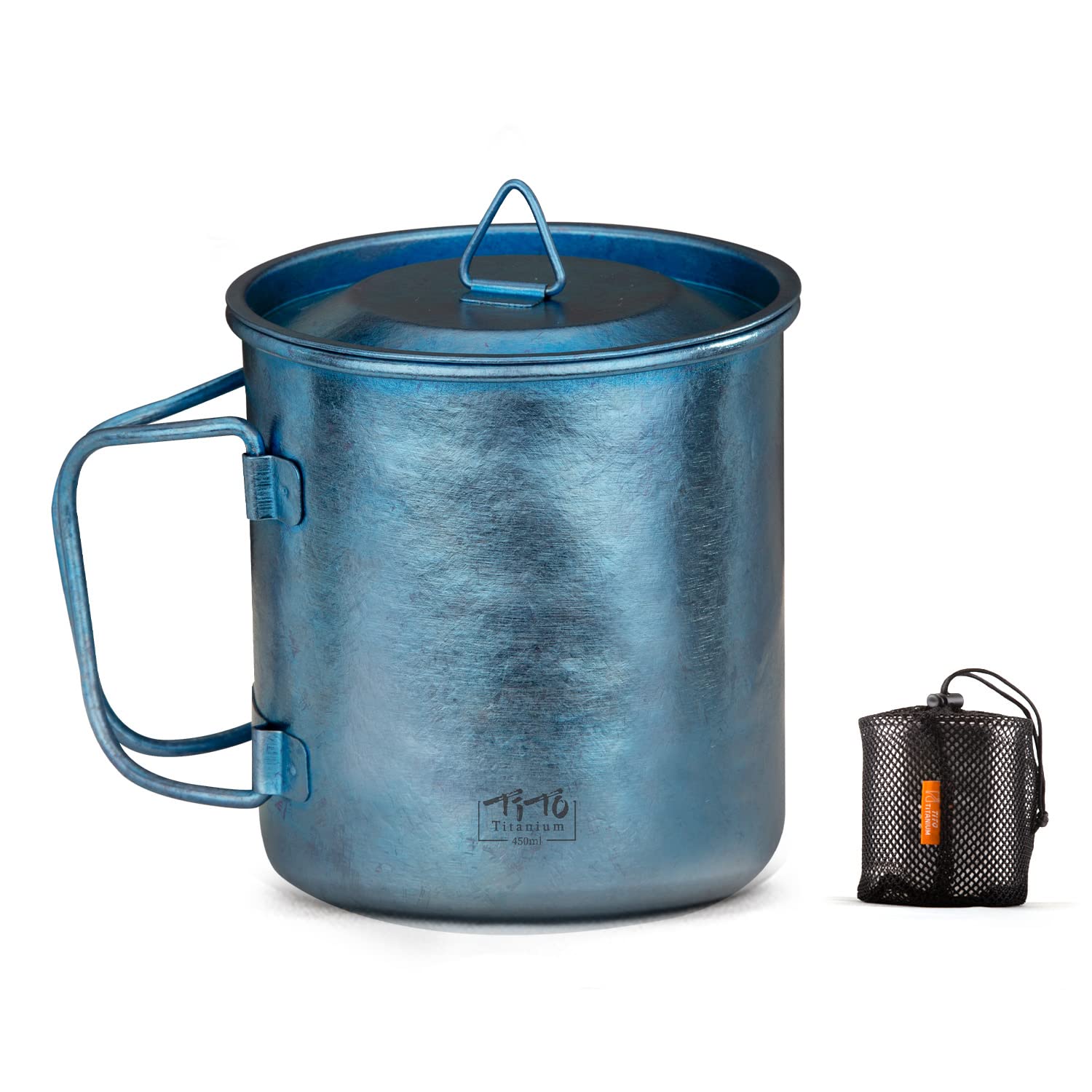 TiTo Titanium Cup Camping Tea Coffee Water Mug Ultralight Portable Cookware 450ml Foldable Handle Titanium Pot with Lid for Outdoor Backpacking Hiking Picnic Drinkware Open Fire (Blue)
