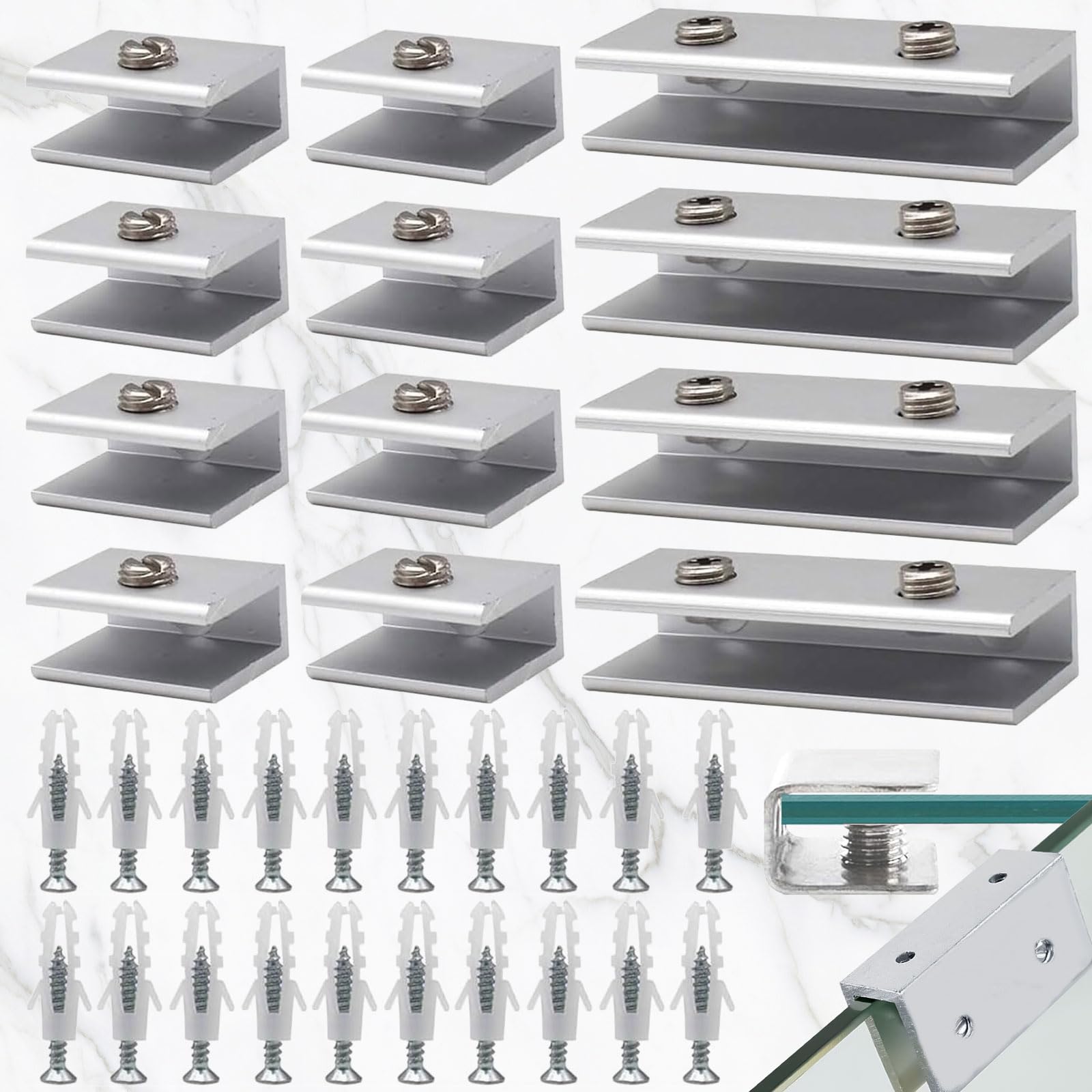 SUpoetry Pack of 12 Glass Clamps, Aluminium Alloy Glass Clamp, Rectangular, Adjustable Glass Bracket, Glass Bracket 6 to 8 mm, Sturdy Shelf Brackets for Glass and Wooden Floors (8 Single + 4 Double