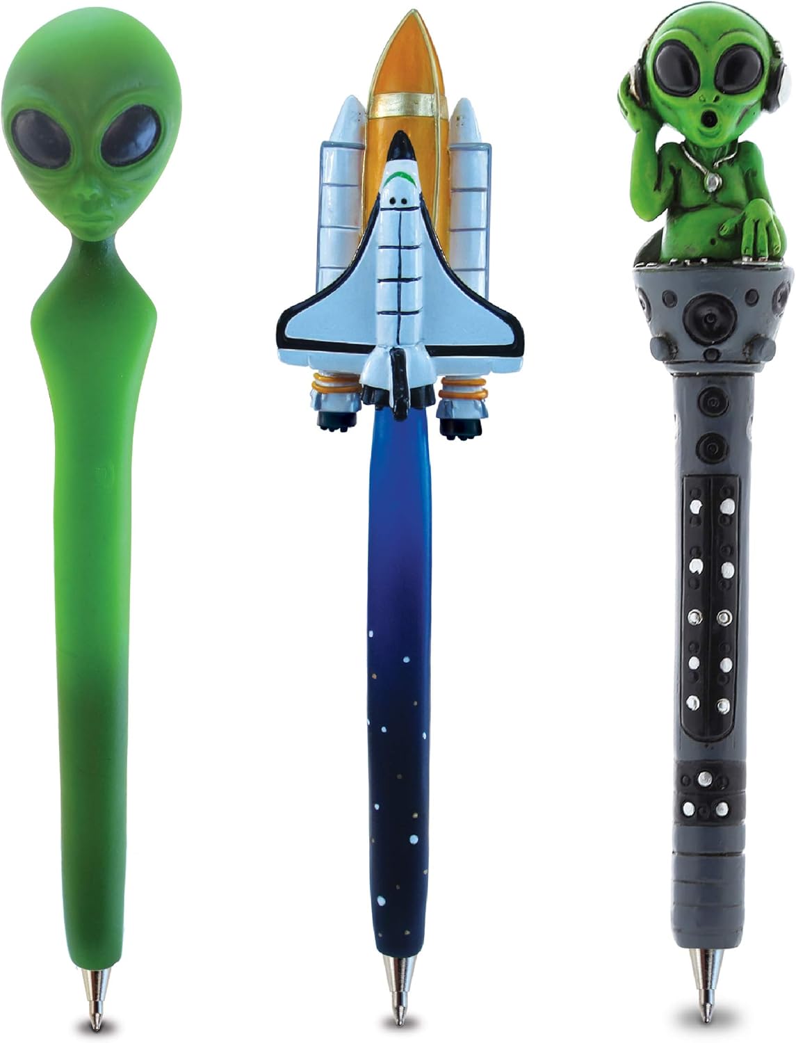 Planet Pens Bundle of Cute Alien, Alien DJ & Space Shuttle Novelty Pens - Fun Unique Office Supplies Ballpoint Pens Colorful Space Alien Writing Pens Instrument For Cool School & Office Decor - 3 Pack