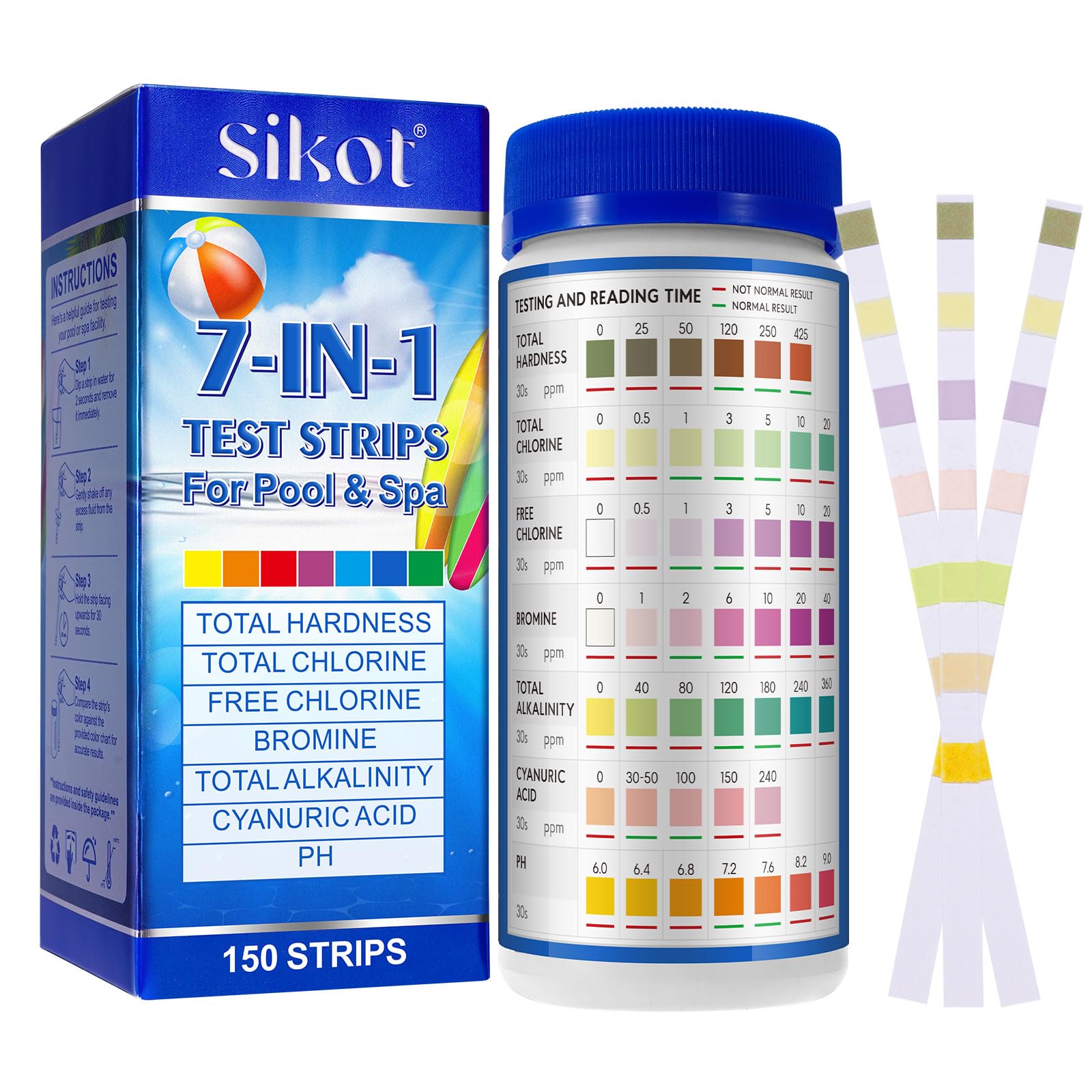 Hot Tub Test Strips 7 in 1, 150 Pool & Spa Water Testing Strips, Accurate Test Kit for Free & Total Chlorine, Bromine, pH, Alkalinity, Hardness & Cyanuric Acid