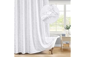 MitoVilla White Boho Fabric Shower Curtain with Tufted, Modern Farmhouse Cloth Shower Curtains for Luxury Bathroom Decor, Chic Elegant Moroccan Geometric Textured, Soft & Wrinkle Resistant, 72 x 72