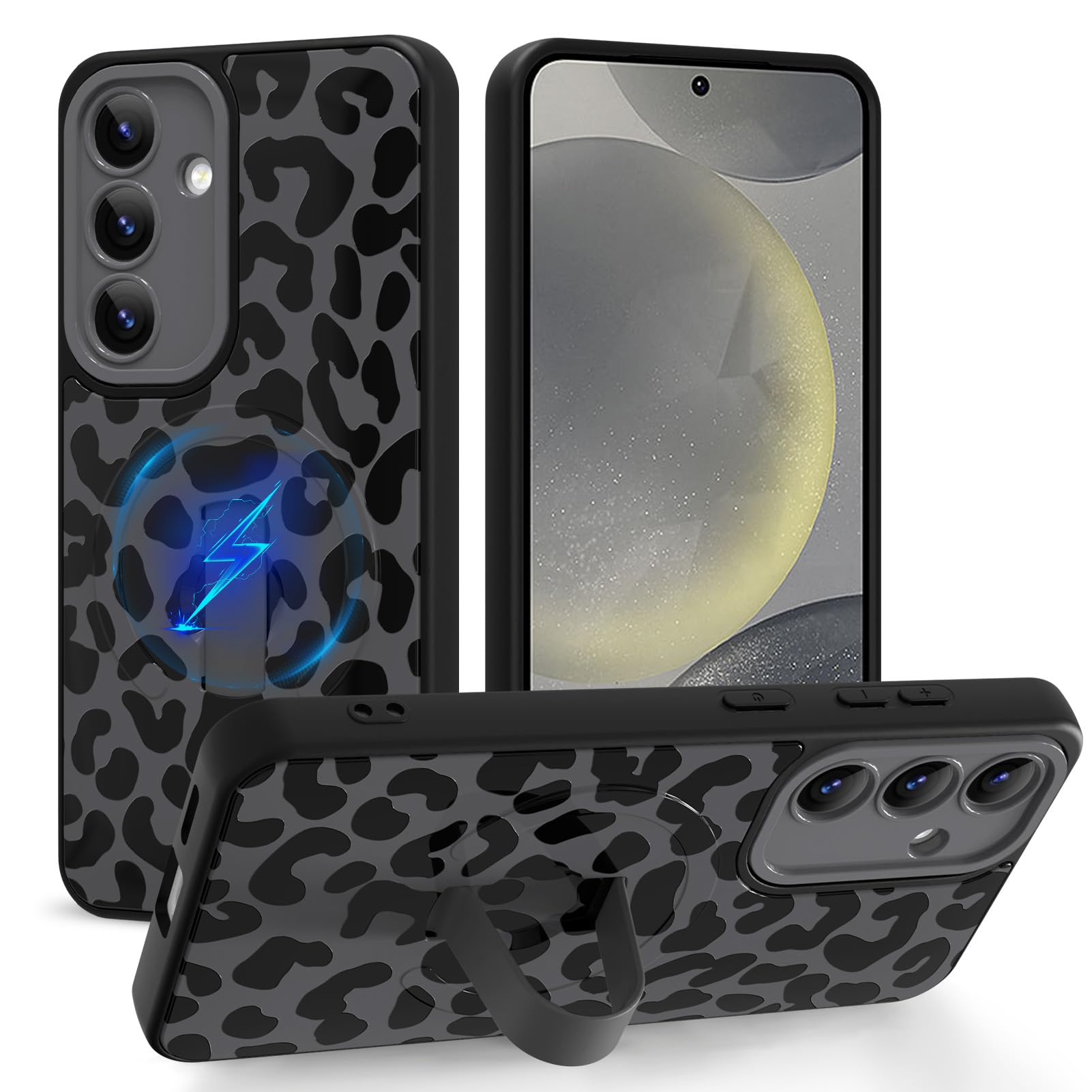 Jefonha Magnetic for Samsung Galaxy S24 Case with Finger Strap Stand, Compatible with Magsafe, Trendy Leopard Cheetah Phone Case for Women Men Slim Shockproof Cover for S24, Black Leopard
