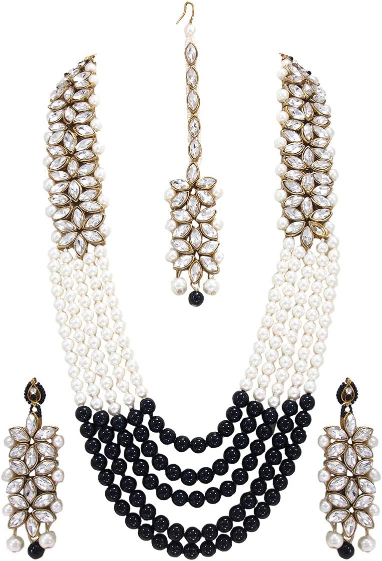 CROWN JEWEL Bollywood Indian Fashion Wedding Pearl Gold Plated Bridal Jewelry Necklace Earring Set for Women