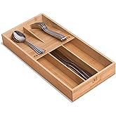 guiogc Bamboo Silverware Organizer, Kitchen Silverware Drawer Organizer, Utensil Tray Holder, Cutlery Tray for Spoons, Forks, Knives
