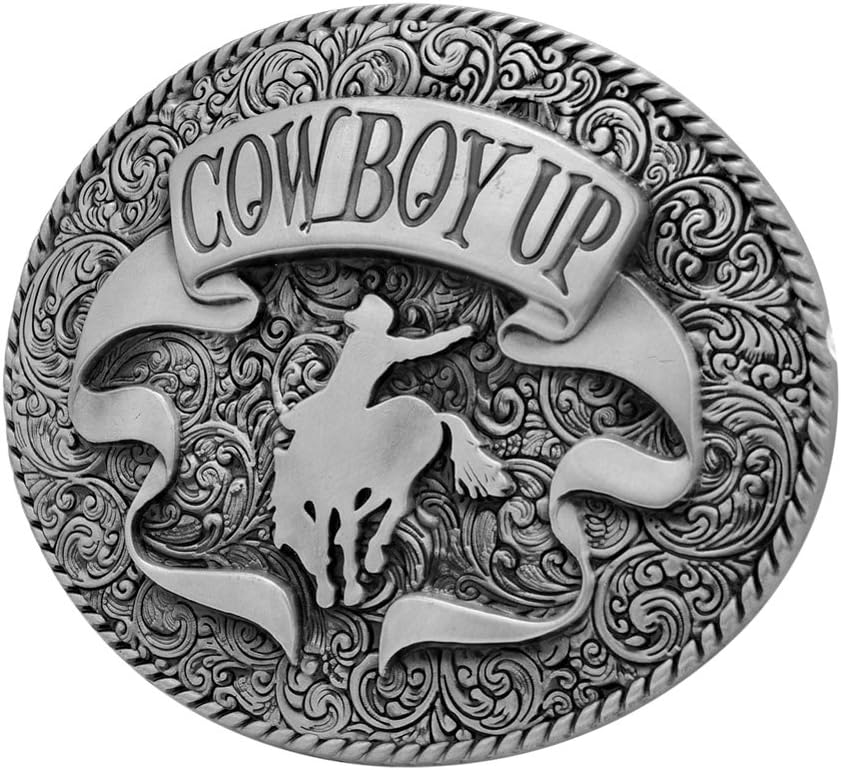 Buckle Rage Adult Mens Cowboy Up Rodeo Ornate Ribbon Belt Buckle Oval Silver