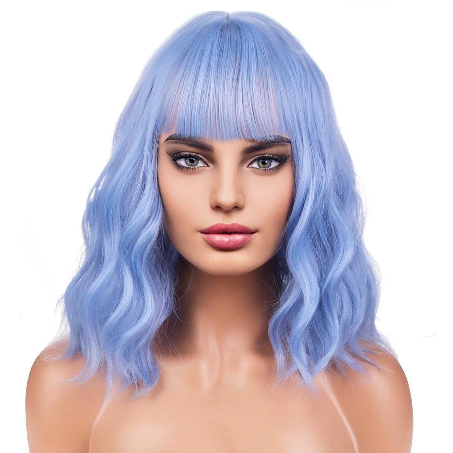 Photo 1 of BERON 14 Inches Light Blue Wig for Women Girls Short Curly Wig Synthetic Wig Blue Wig with Bangs Lake Blue Wig with Wig Cap