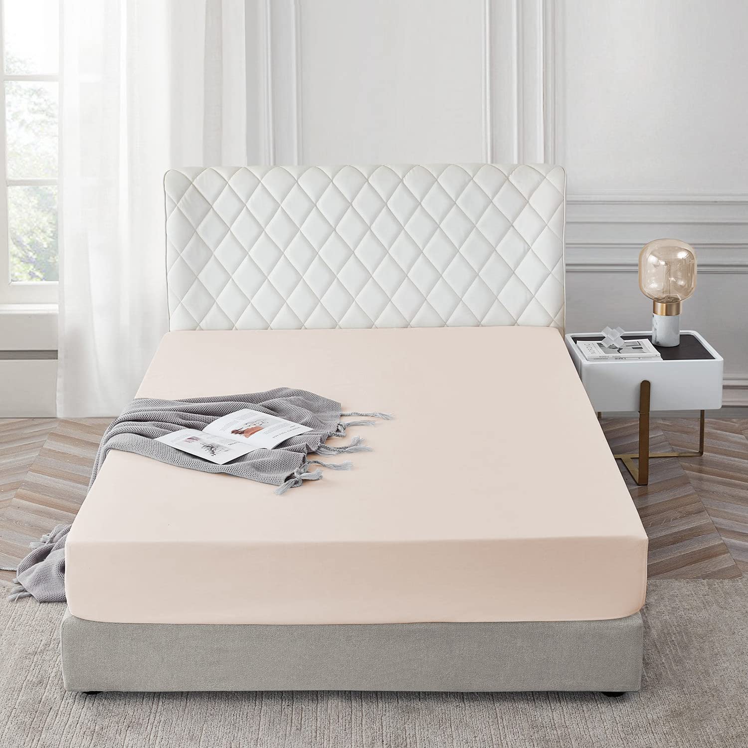AR Ware Double Fitted Sheet 100% Egyptian Cotton 300 TC, Breathable Deep Fitted Sheets Double Bed, Hotel Quality 30 Cm Fitted Bed Sheets (Cream) — image 1