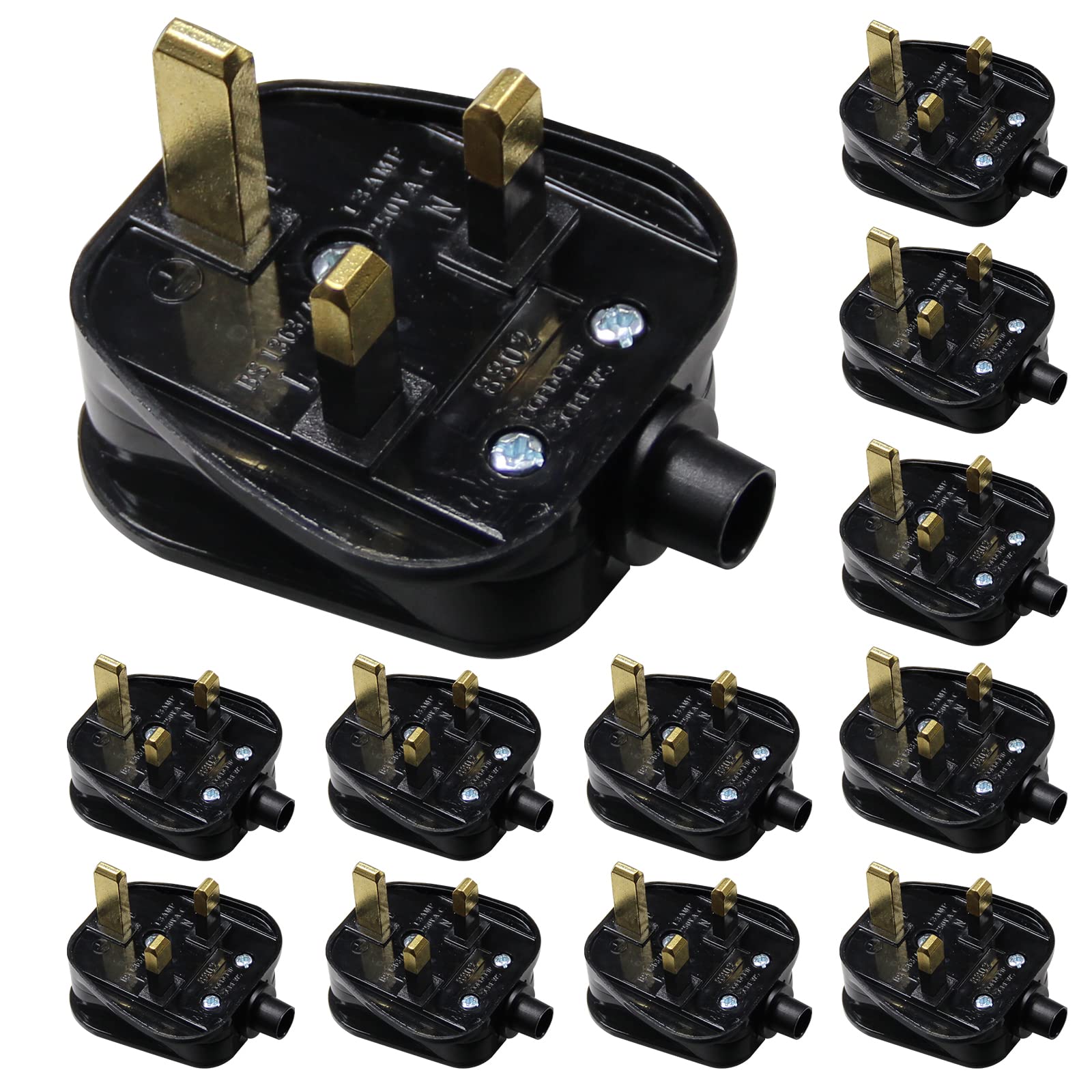 KC cable 13A Fused Plug, 12 Pack 3 Pin Plug 13 Amp Fused Mains Plugs UK Plug with Cord Grip Rewireable Heavy Duty Electrical Plug Durable for Home, Office Electrical Appliances and Devices, Black…