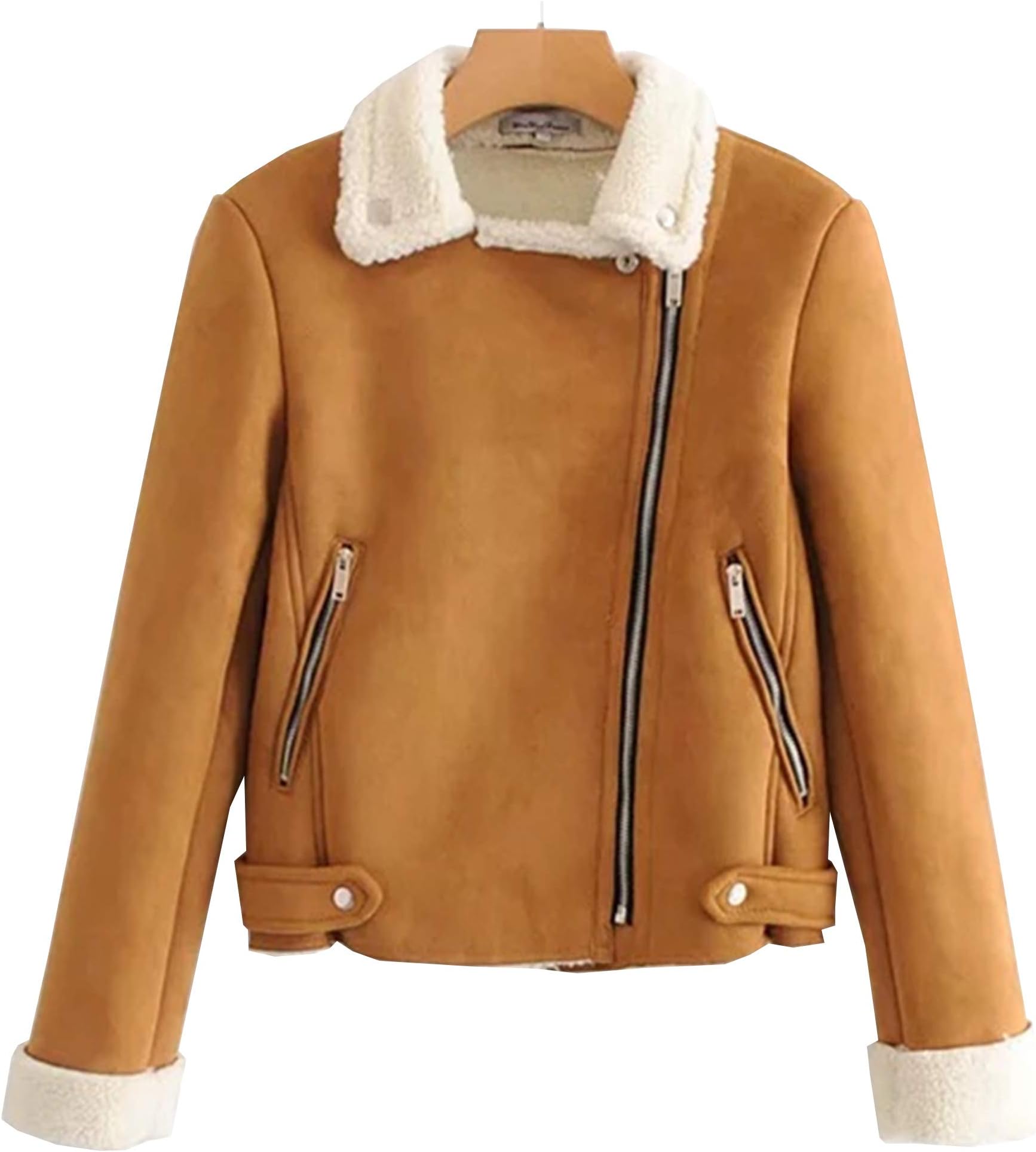 Lemosery Women's Fashion Sheepskin Suede Leather Cashmere Shearling Lapel Oblique Zipper Coat Bomber Jacket