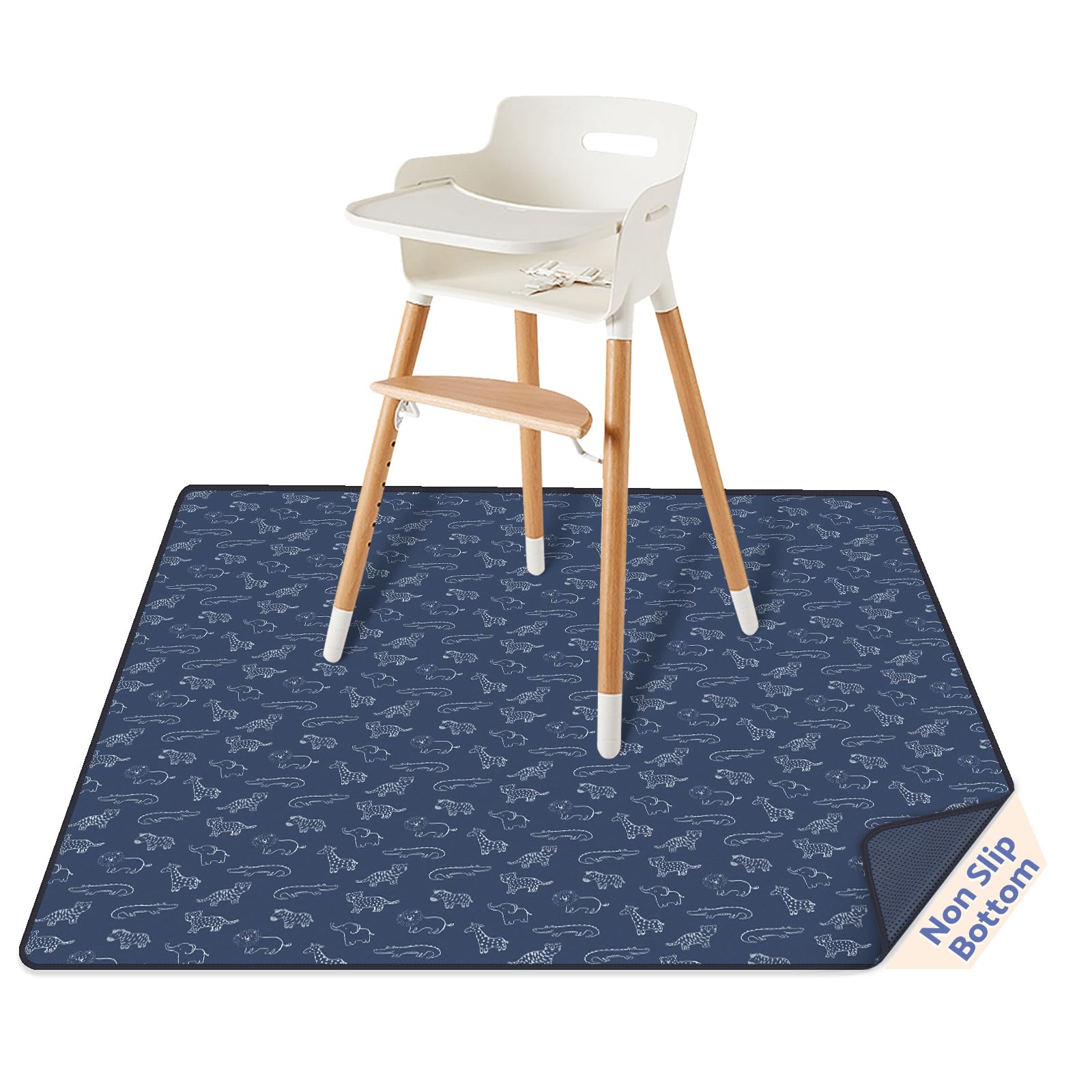 Photo 1 of Blissful Diary Baby Splat Mat for Under High Chair, 50.4 x 50.4 Inch Wipeable Splash Mat, Waterproof and Washable, Anti-Slip Floor Protector, Safari Animals