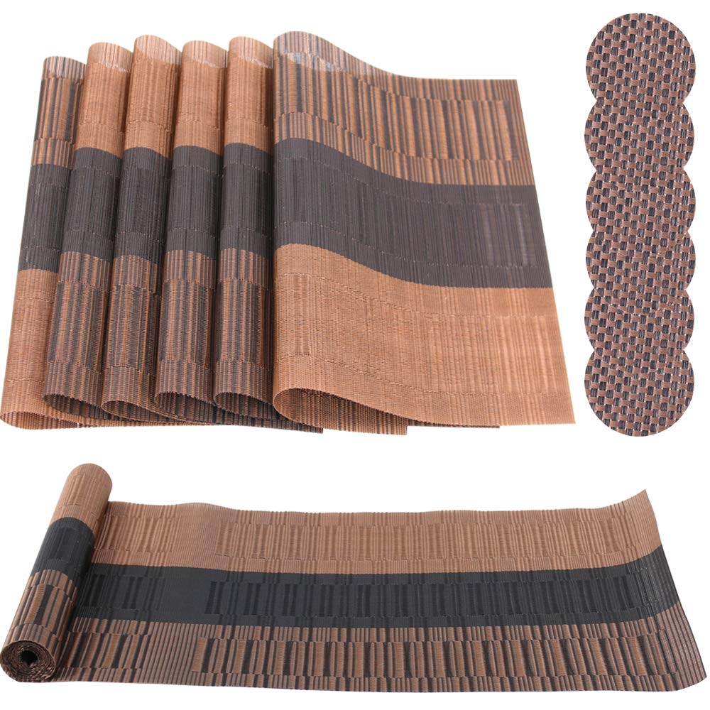 Time to Sparkle 13 PCS Vinyl Woven 6pcs Placemats + 6pcs Coasters+ 1pc Tablecloth Anti-Slip Table Mat Waterproof Heat Resistant Table Mat Decoration (Placemat+Runner-Brown Bamboo) — image 1