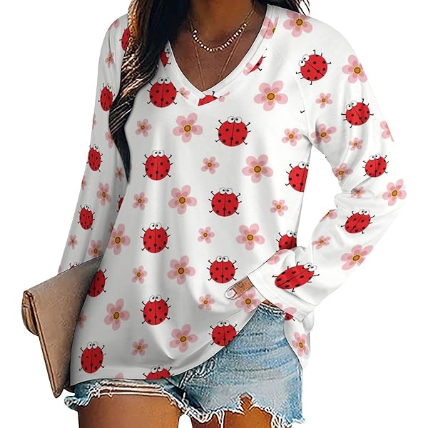 Kawaii Strawberry Print Women's V Neck Long Sleeve T-Shirts Fall