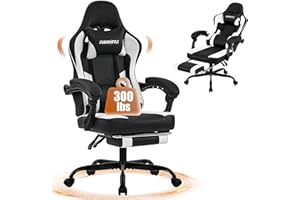 FURNISTYLE Gaming Chair with Footrest, Reclining Video Game Chairs for Adults with Lumbar Support, Linkage Armrests, Ergonomic Computer Chair for Gaming or Office, PU Black-White