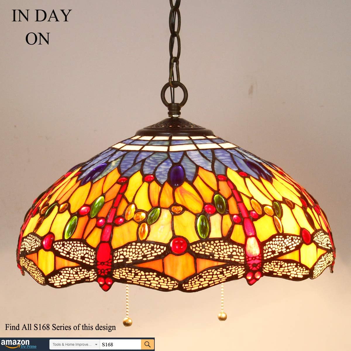 Tiffany Hanging Lamp 16 Inch(LED Bulb Included)Pendant Light Blue Orange Stained Glass Dragonfly Shade Chandelier Ceiling Fixture S168 WERFACTORY Decorate Dining Living Room Bedroom Cafe Hallway Loft - - 