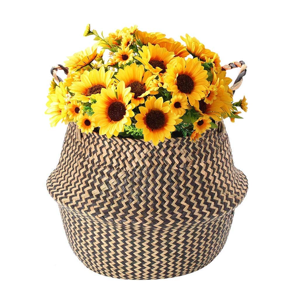 SZETOSY Natural Seagrass Basket - GOODCHANCEUK Belly Basket Handmade Planter Seagrass Seagrass Basket With Handle Laundry Toys Basket Black Wave Style#2 22CMx20CM