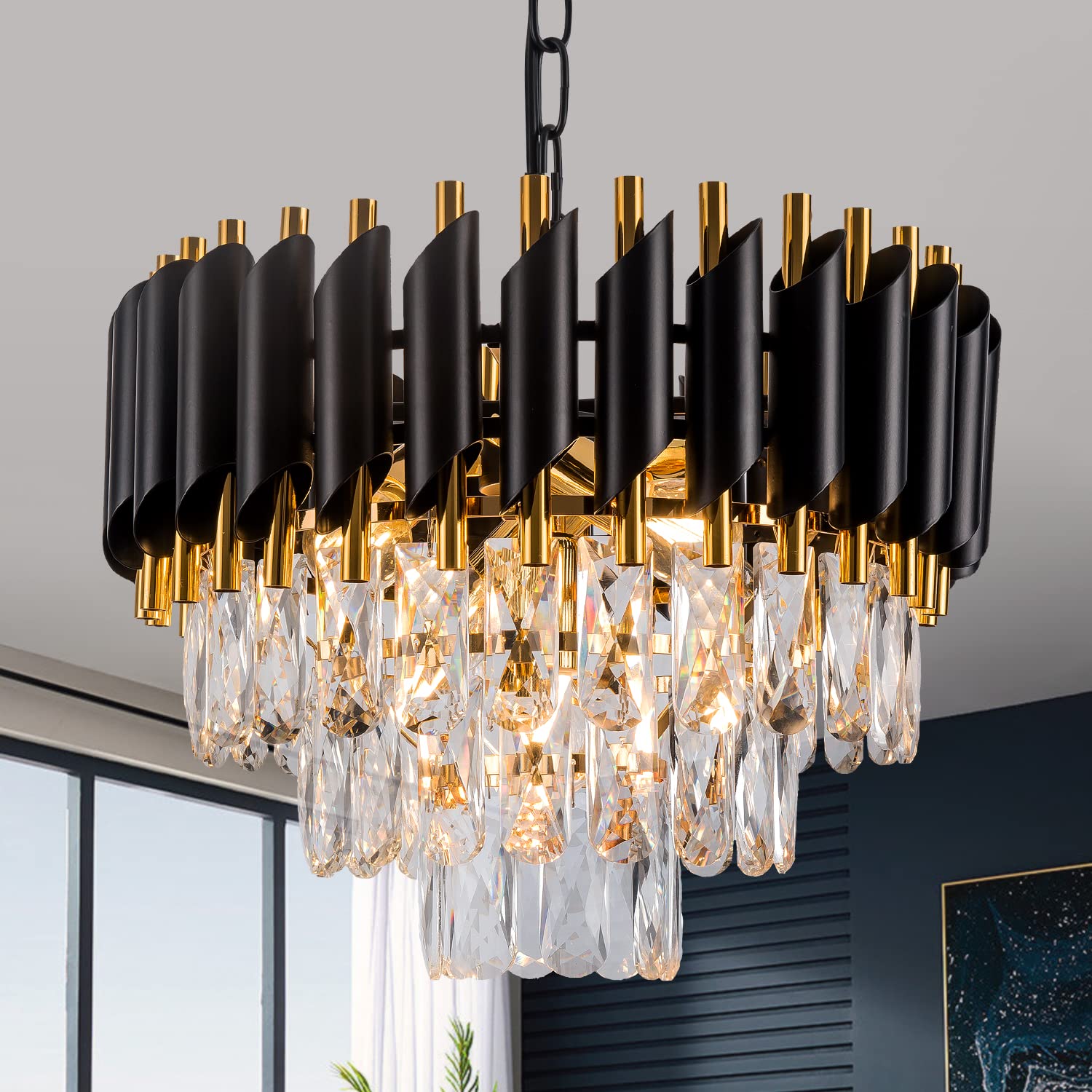 Photo 1 of brfaixla 3-Tier Black Gold Crystal Chandelier 5-Light 15’’ Modern Crystal Pendant Chandelier Ceiling Light Fixture Hanging Lighting for Kitchen Island Dining Room Foyer Entryway Bedroom