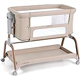 ANGELBLISS 3 in 1 Baby Bassinet, Rocking Bassinets Bedside Sleeper with Comfy Mattress and Wheels, 6 Height Adjustable Easy Folding Portable Bedside Crib for Newborn Infant (Khaki)