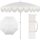 JONATHAN Y UMB1005A Mariner 6.5 ft. Classic Cottage Fringe Tassel Market Beach Umbrella with Push Button Tilt, Wind Vent and UV Protection, and Matching Carry Bag in White/Cream, White Pole