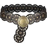 SUOSDEY Western Women Leather Belt Concho Disc Waist Belts Ladies Vintage Wide Waist Belt Boho Belt for Dress Jeans