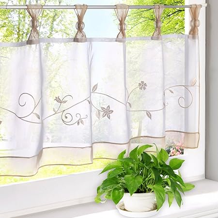 1pc Tab Top Floral Embroidered Net Curtain Short Cafe Curtains For